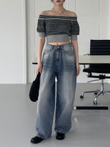 メタストライプグラデーションオフショルダークロップド半袖ニット / Meta Striped Gradation Off-Shoulder Cropped Short-Sleeved Knit