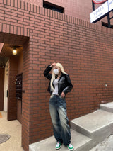 two-way crop leather jacket [2color]