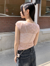 リワンピンクシースルーレースリボンスクエア半袖Tシャツ / Liwan Pink See-through Lace Ribbon Square Short Sleeve T-shirt