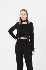 Square Neck Fur Knit T-shirt Muffler Set Black