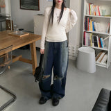 Tiso Damage Back-Banding Washed Denim Long Wide Pants