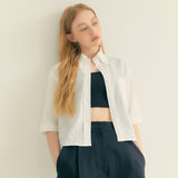 ストライプリンクルポケットクロップシャツ / Stripe Wrinkle Pocket Crop Shirt (White)