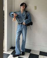 カラーレスブーツカットデニムパンツ/Collarless bootcut denim