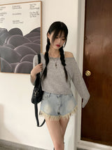 リードリネンボートネックビーチウェアクロップド長袖Tシャツ / Reid linen boat neck beach wear cropped long-sleeved T-shirt