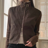 Tatter ribbed coloring belt two-way crop zip-up jacket