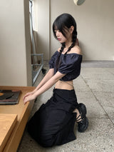 ミネンデニムオフショルダークロップド半袖ブラウス / Minen Denim Off Shoulder Cropped Short Sleeve Blouse