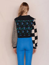 Checkboard Sleeve Zip-Up Knit