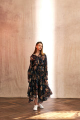"PRE-ORDER 4/16~" VINTAGE FLOWER UNBALANCE FLARE SKIRT (Navy) (6546128273526)