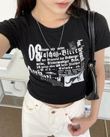 キャットビンテージプリントクロップショートスリーブTシャツ
