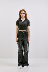 ストライプ カラー クロップ ニット /  CHARMS STRIPE COLLAR CROP KNIT BK