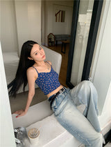 blue floral sleeveless top
