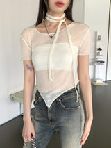 ティルダスカーフシースルー斜めクロップ半袖Tシャツセット / 【SET】Tilda Scarf See-Through Diagonal Crop Short Sleeve T-Shirt Set