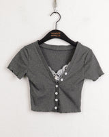 カタル一体型レースVネッククロップ半袖カーディガン/ Catal all-in-one lace V-neck cropped short-sleeved cardigan
