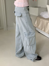 Washed Pocket Cargo Light Blue Long Wide Denim Pants