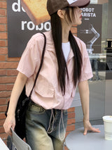 フリーンナイロンポケットストリングクロップ半袖ジップアップ / Frean nylon pocket string crop short-sleeved zip-up