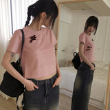 ルーシュベルベットリボンテリークロップ半袖Tシャツ