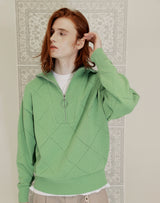 HALF ZIP UP PUNCHING RHOMBUS SWEATER YELLOW GREEN (6691447603318)