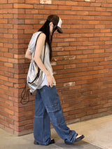 ビソップサマーフードファブリックワイドカーゴデニムパンツ / Bisopp Summer Hooded Fabric Wide Cargo Denim Pants