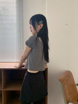 Kelle ribbon shirring mesh air puff cropped short-sleeved T-shirt