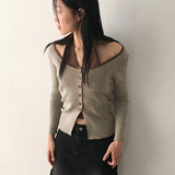 Byooa ホルターネック ノースリーブ 一体型リブカラーボタン長袖 Tシャツ