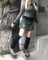 vintage layered unbalanced cargo denim pantskirt