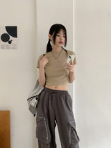 ラテムレタリングエンボスサイドシャーリングクロップ半袖Tシャツ / Latem lettering embossing side shirring crop short-sleeve T-shirt