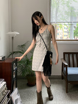 ルーツフラワーシャーリングリボンキャミミニワンピース / Roots Flower Shirring Ribbon Sleeveless Mini One Piece