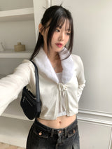 Kime collar fur ribbon string long sleeve cardigan