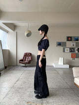 ミネンデニムオフショルダークロップド半袖ブラウス / Minen Denim Off Shoulder Cropped Short Sleeve Blouse