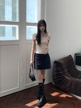 レクトリブドパフスクエアネック半袖Tシャツ / Recto Ribbed Puff Square Neck Short Sleeve T-shirt