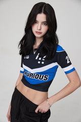 モトハーフジップアップジャージクロップトップ / MOTO HALF ZIP UP JERSEY CROP TOP BLACK