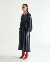 V-NECK CREASE SHIRRING ONEPIECE - DARK GRAY (6635995660406)