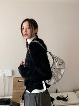 Angora hood knit zip-up