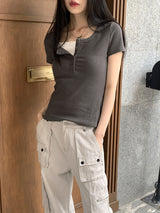 Thorton Half Button Basic Ribbed Short Sleeve T-shirt
