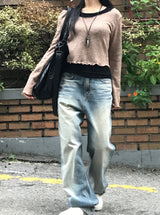 ビンテージツインキャットウォッシングデニムワイドパンツ