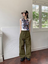 印刷スリーブレス /Otical Funky Double-Sided Printing Cap Sleeveless Cropped Sleeveless Short-Sleeved T-Shirt