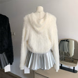 Angora hood knit zip-up