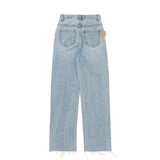 ストレートフィットバックポケットレザーパッチポイントブレットマークデストロイドデニムパンツ / STRAIGHT FIT BACK POCKET LEATHER PATCH POINT BULLET MARK DESTROYED DENIM PANTS [16624]
