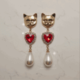 メルビーザキャットシリーズ - エメラルドスクエアアンドパールピアス / Melbie The Cat Series - Emerald Square and Pearls Piercing