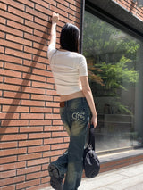 インフィレトロウォッシュインシジョンヒッププリントブーツカットデニムパンツ/Infi Retro Washing Incision Hip Printing Bootcut Denim Pants