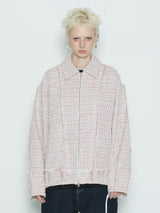 Raw Cut Detail Tweed Trucker Jacket Ivory & Red