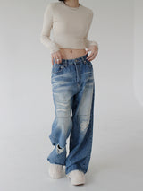 ローライズパッチデニムズボン/low-rise patch denim trousers