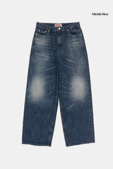 Claw cat washed wide denim pants