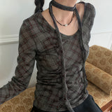 [Scarf set] Felde check see-through shirring long sleeve t-shirt