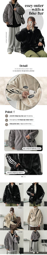 [Bag Set] Quilted Lining Tap Line Fur Zip-Up Jumper