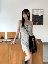 ルーツフラワーシャーリングリボンキャミミニワンピース / Roots Flower Shirring Ribbon Sleeveless Mini One Piece