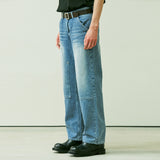 STRAIGHT DOUBLE KNEE WASHED DENIM PANTS BLUE