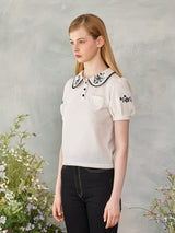 ブラックフラワーラウンドカラーニット / Black Flower Round Collar Knit
