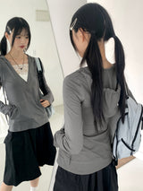 RtiビンテージVネックレースフード長袖Tシャツ