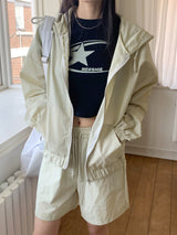 [2SET]バトルナイロンフードジップアップショーツパンツスウェットセット / [2 SET] Batol Nylon Hood Zip-Up Shorts Pants Sweat Set